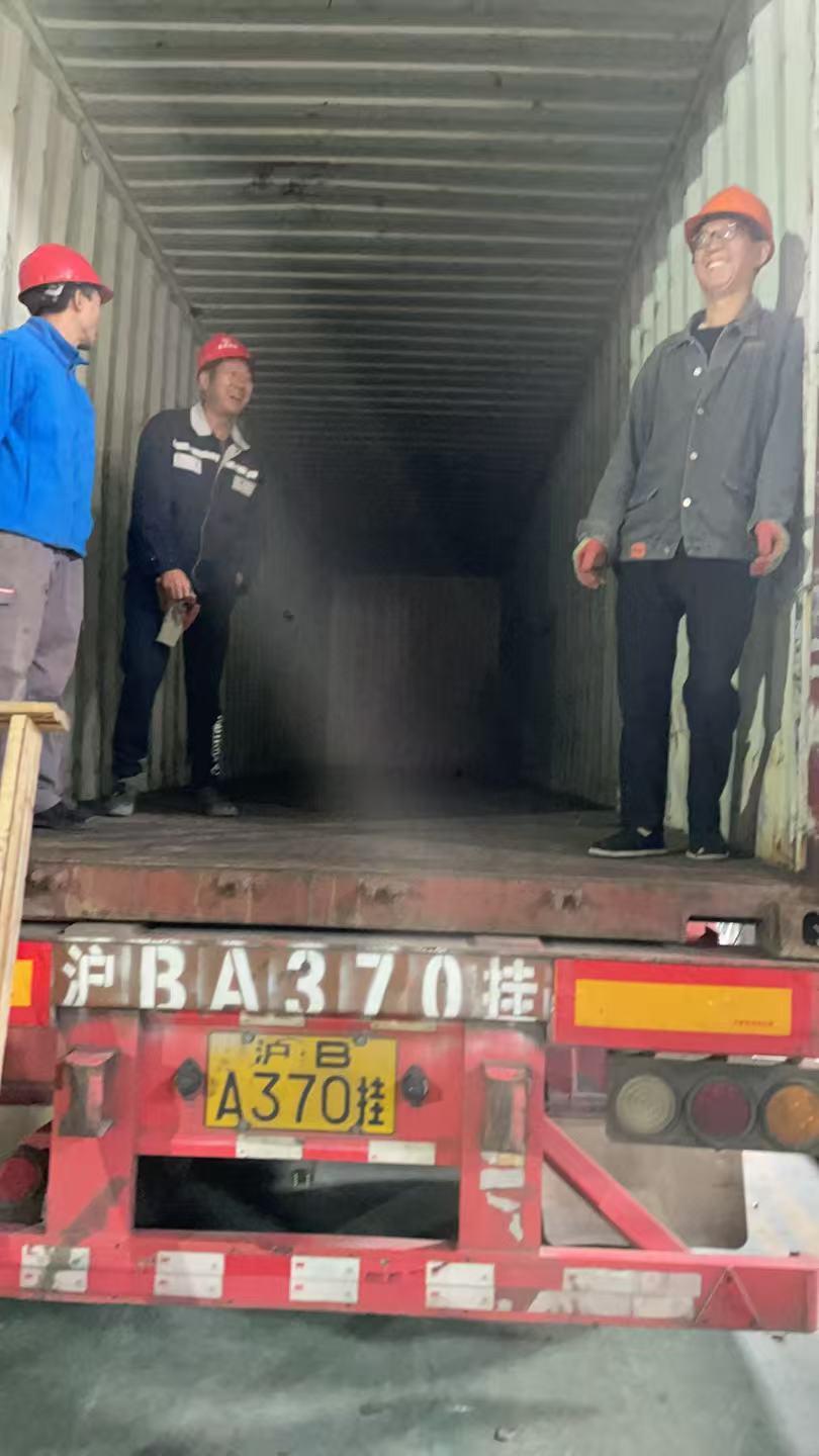 Workers standing in empty container ready for loading